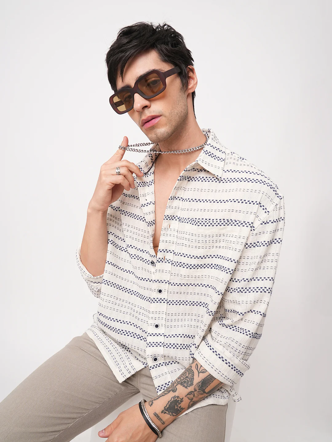 Refined Blue Striped Embroidered Boxy Fit Crop Shirt