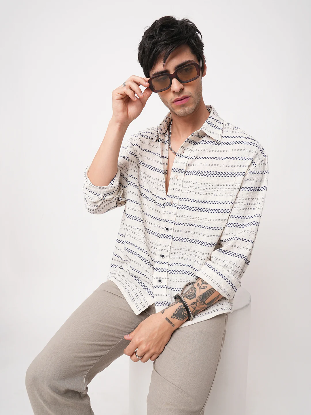 Refined Blue Striped Embroidered Boxy Fit Crop Shirt - Image 2