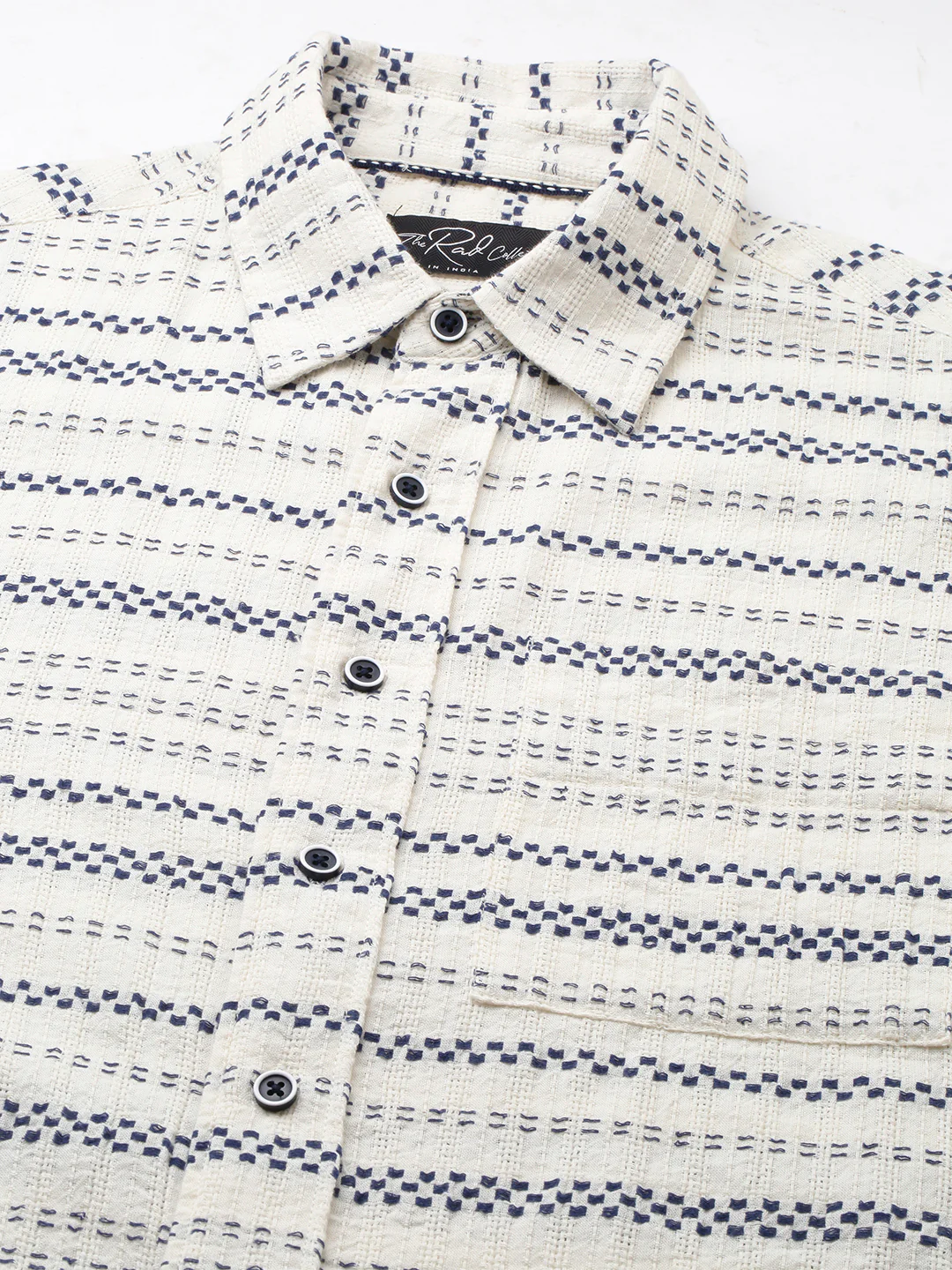 Refined Blue Striped Embroidered Boxy Fit Crop Shirt - Image 3