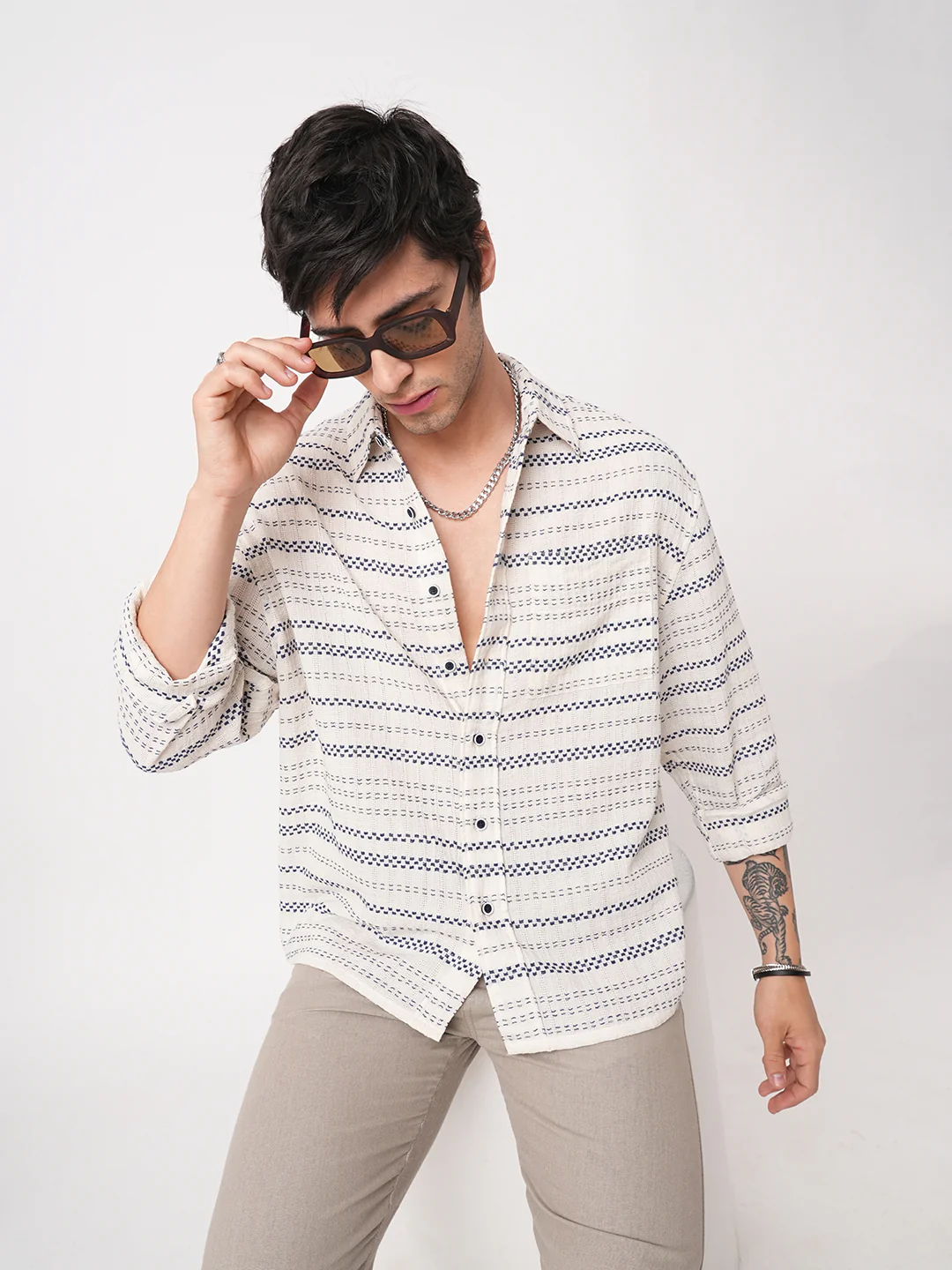 Refined Blue Striped Embroidered Boxy Fit Crop Shirt - Image 4