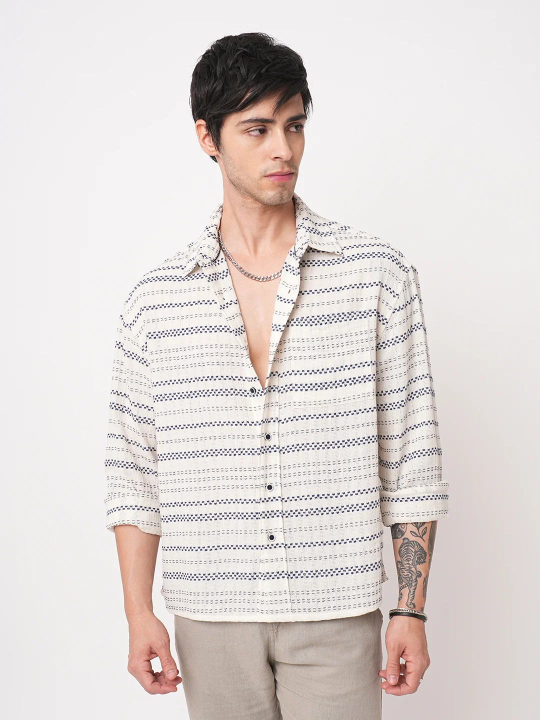 Refined Blue Striped Embroidered Boxy Fit Crop Shirt - Image 5