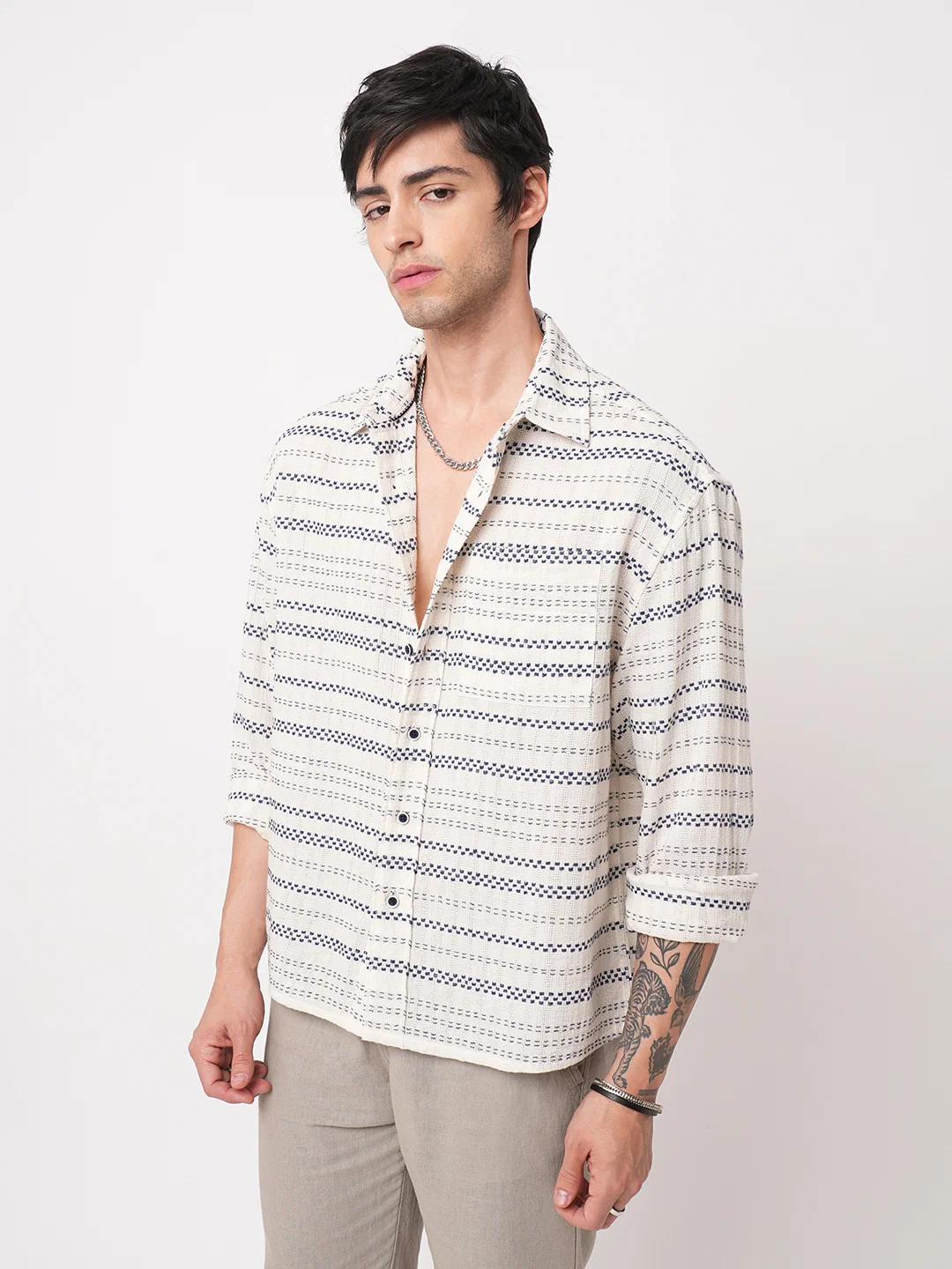 Refined Blue Striped Embroidered Boxy Fit Crop Shirt - Image 6