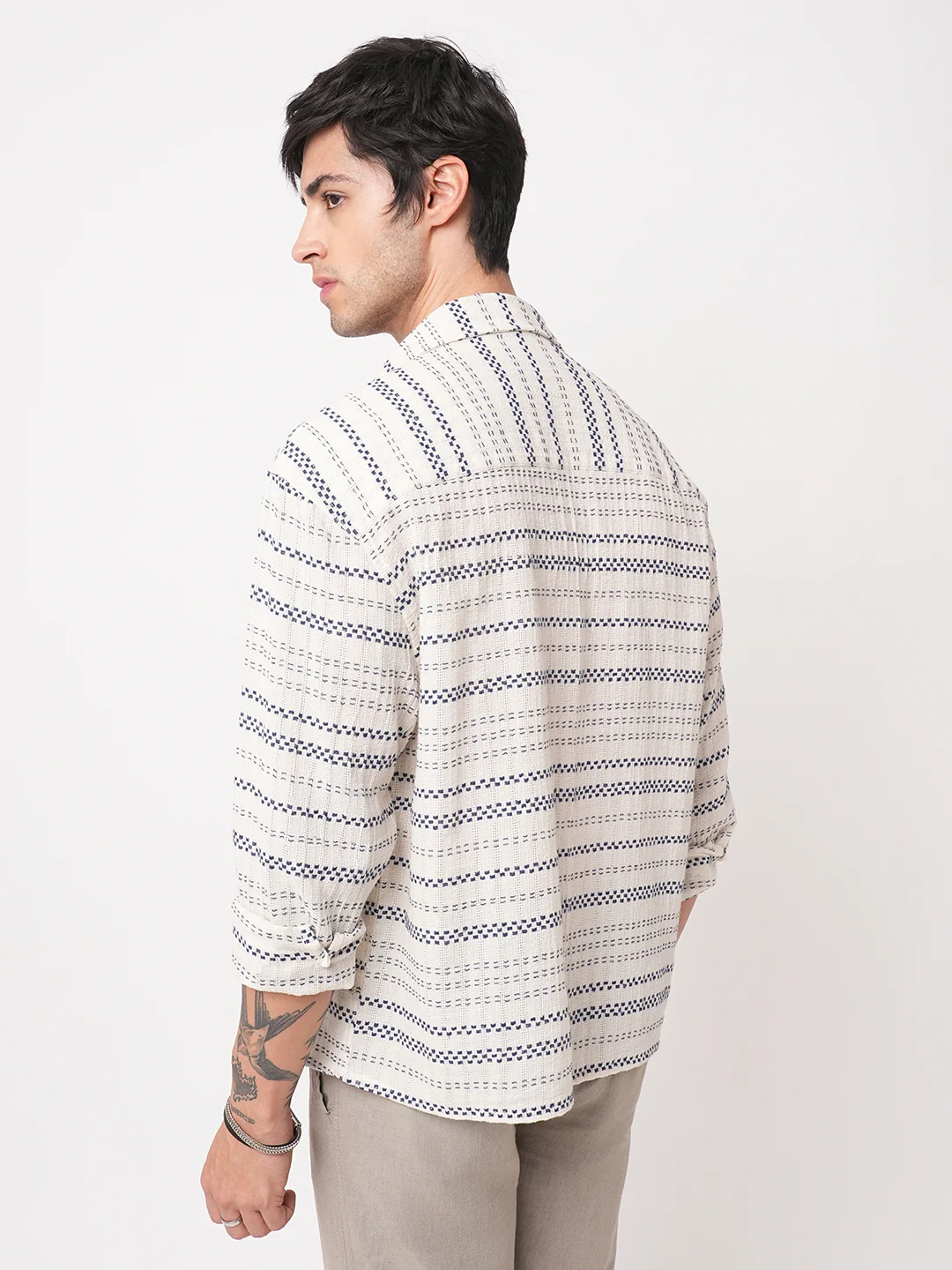 Refined Blue Striped Embroidered Boxy Fit Crop Shirt - Image 7