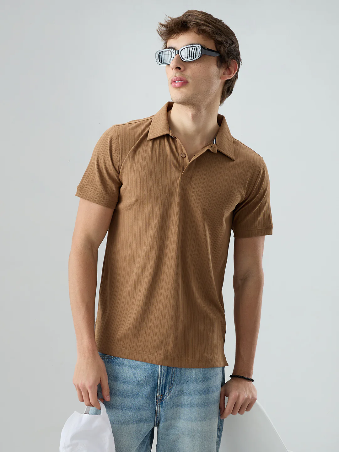 Refined Brown Hairline Striped Polo Knit T-Shirt - Image 2