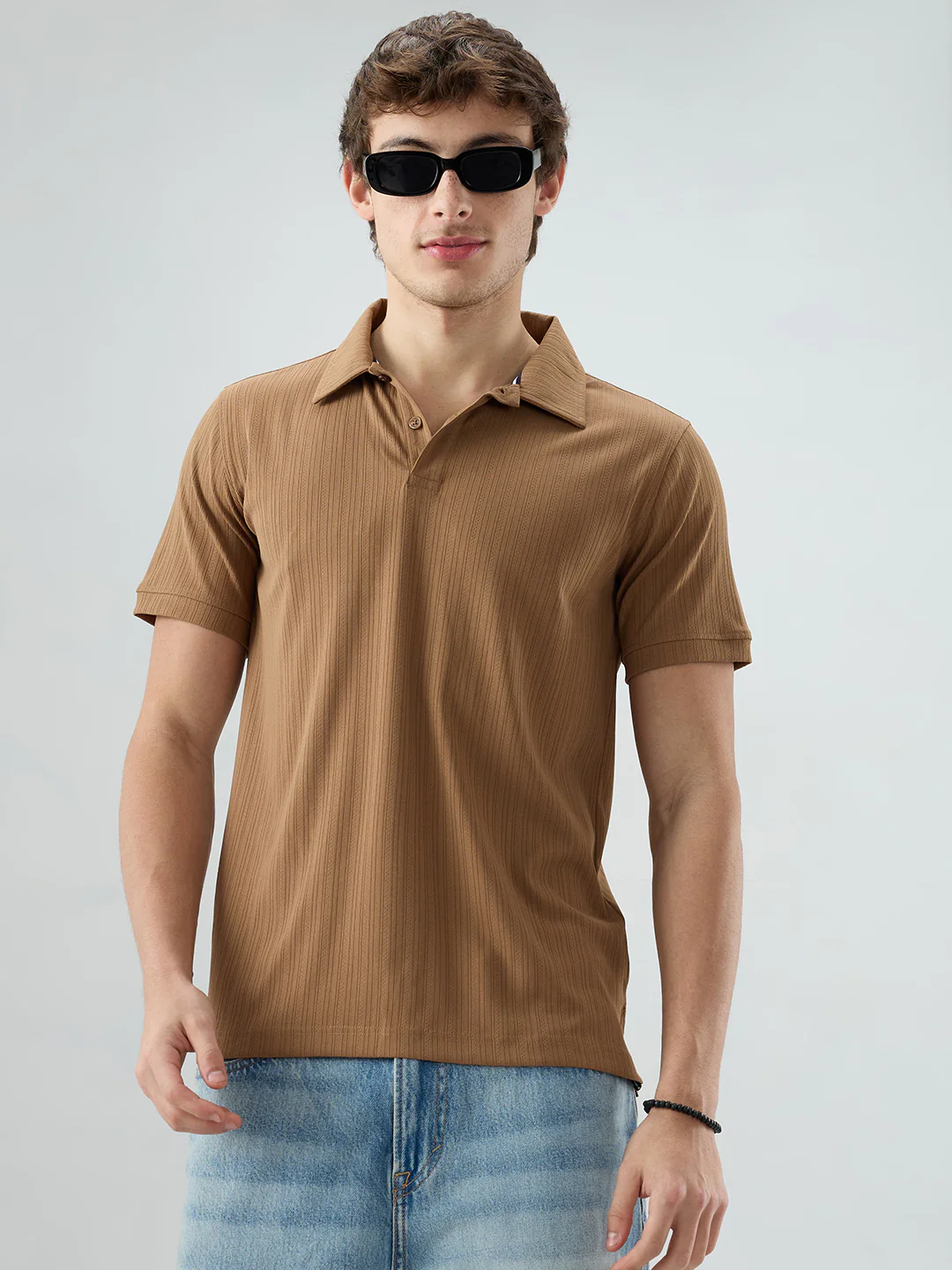 Refined Brown Hairline Striped Polo Knit T-Shirt - Image 4