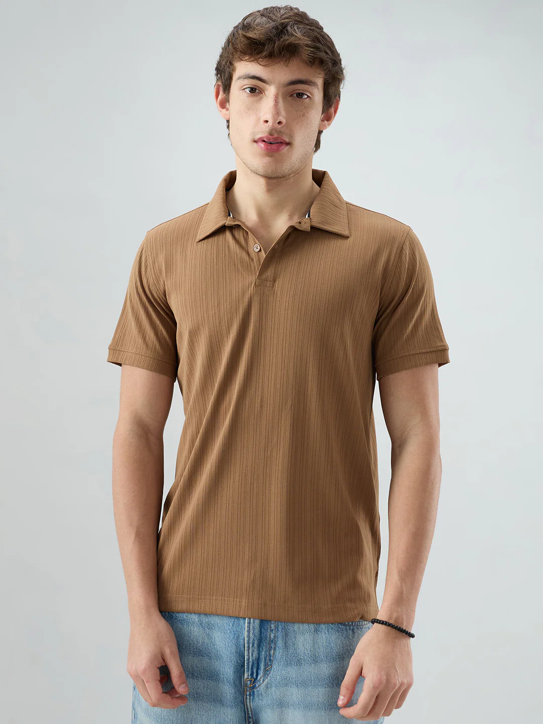 Refined Brown Hairline Striped Polo Knit T-Shirt - Image 5