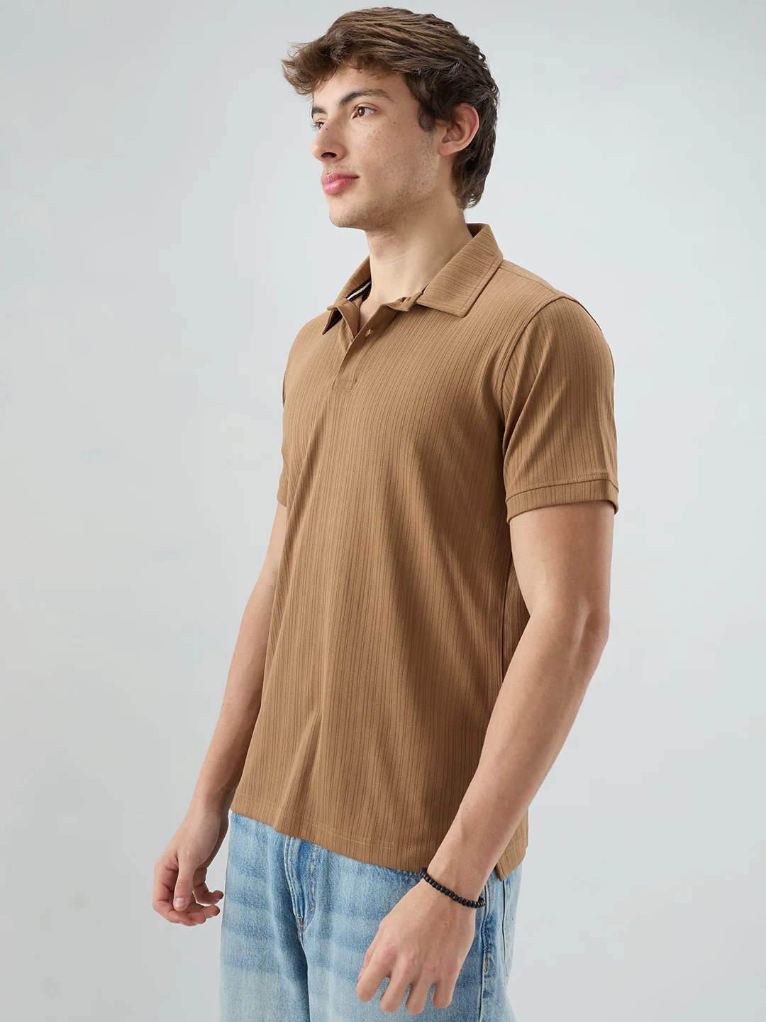Refined Brown Hairline Striped Polo Knit T-Shirt - Image 6