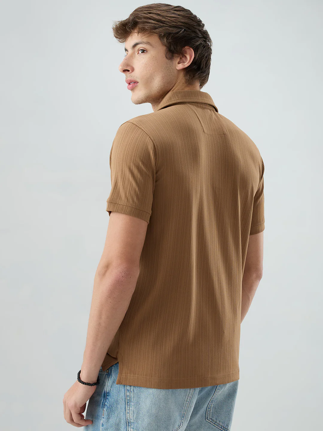 Refined Brown Hairline Striped Polo Knit T-Shirt - Image 7
