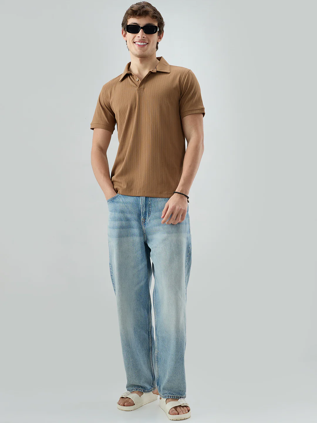 Refined Brown Hairline Striped Polo Knit T-Shirt - Image 8