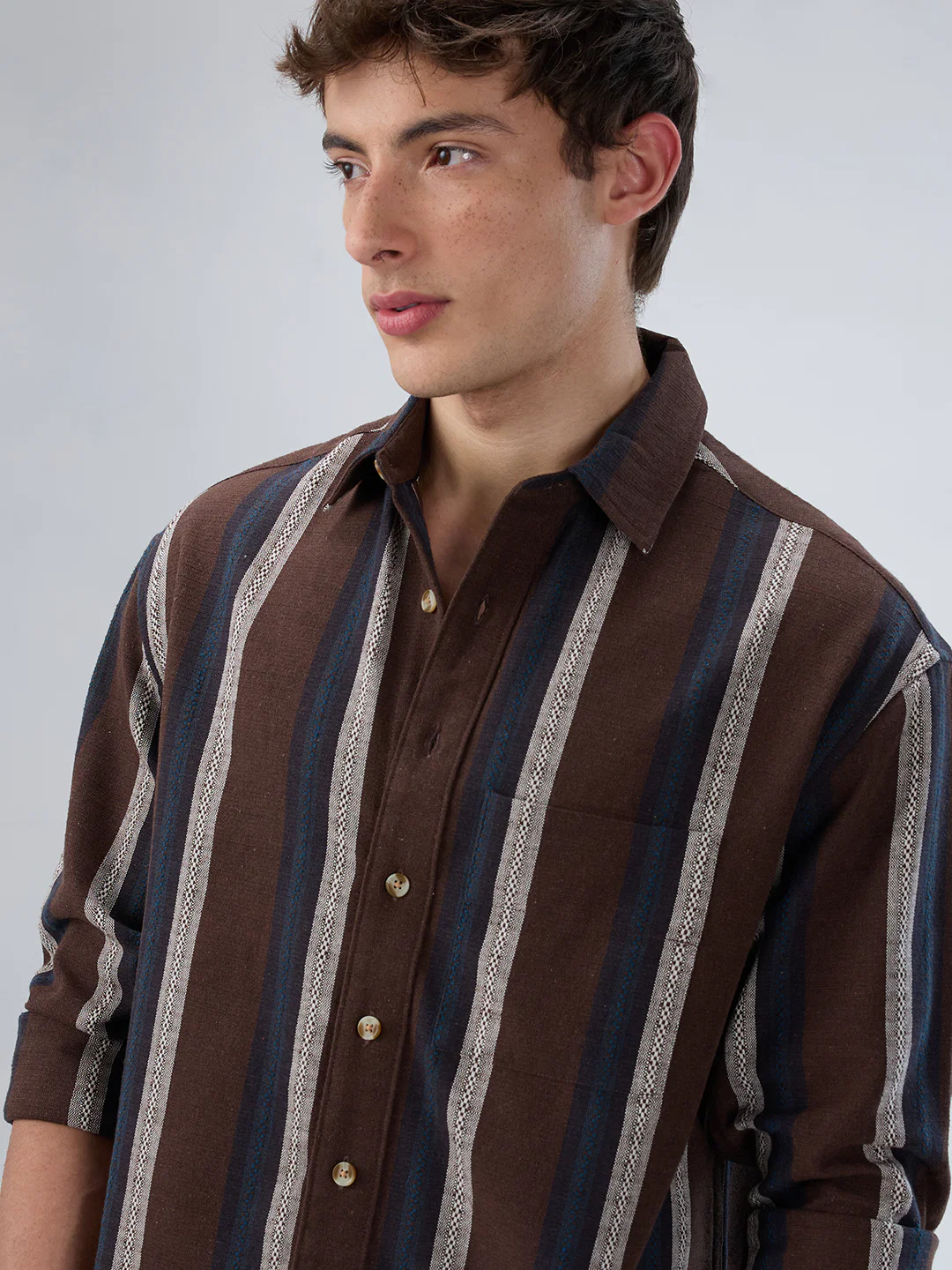 Refined Brown Multi-Tone Striped Boxy Fit Crop Shirt - Image 3