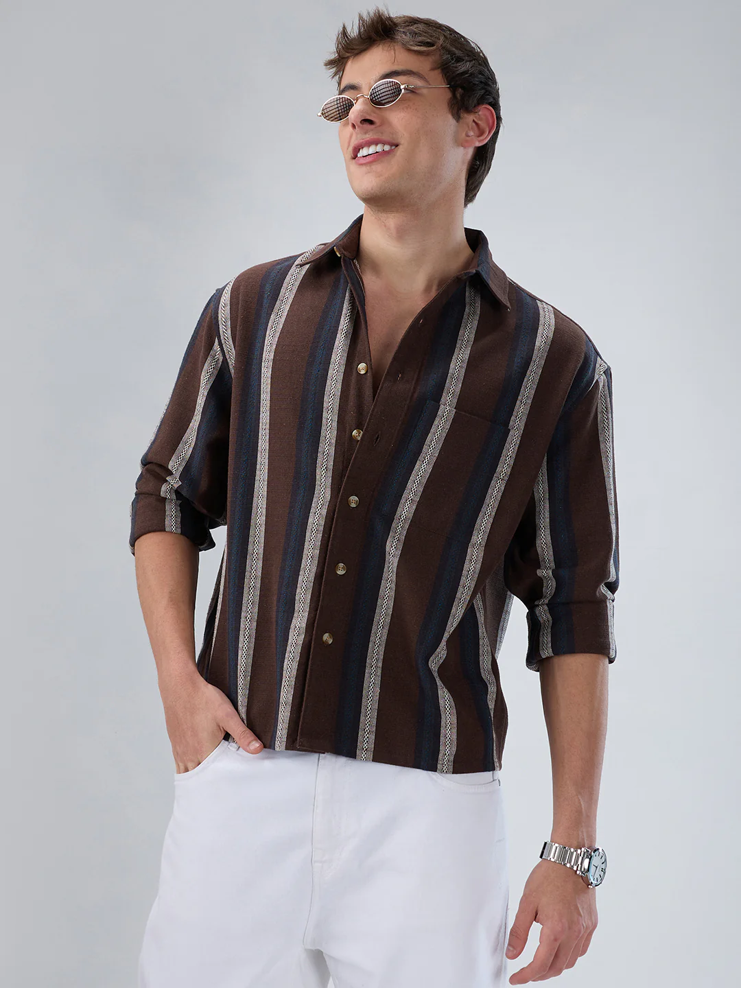 Refined Brown Multi-Tone Striped Boxy Fit Crop Shirt - Image 4
