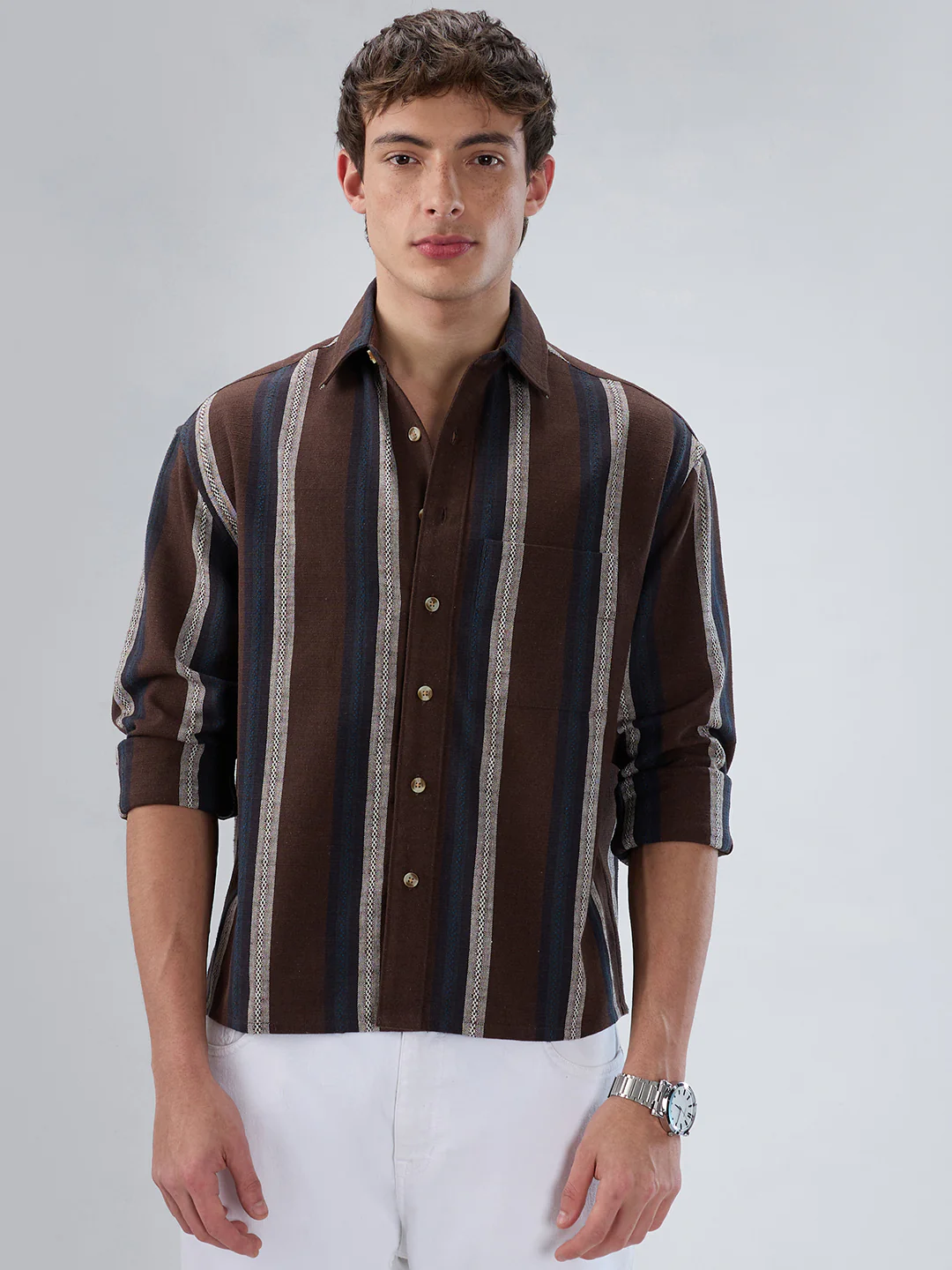 Refined Brown Multi-Tone Striped Boxy Fit Crop Shirt - Image 5