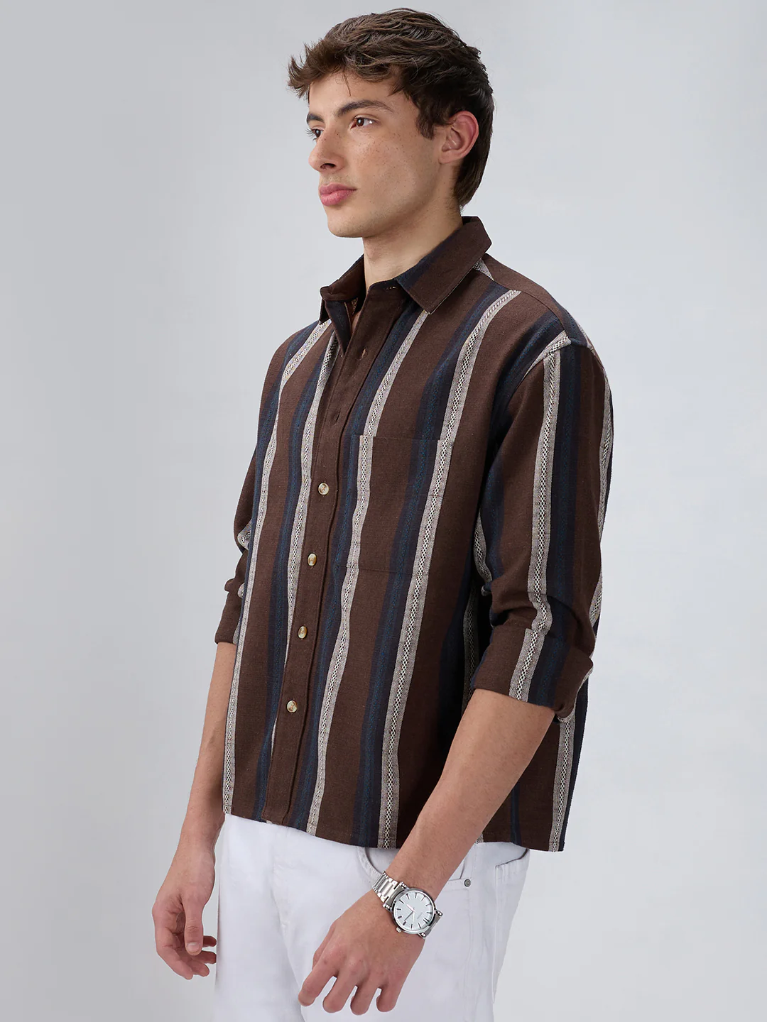 Refined Brown Multi-Tone Striped Boxy Fit Crop Shirt - Image 6