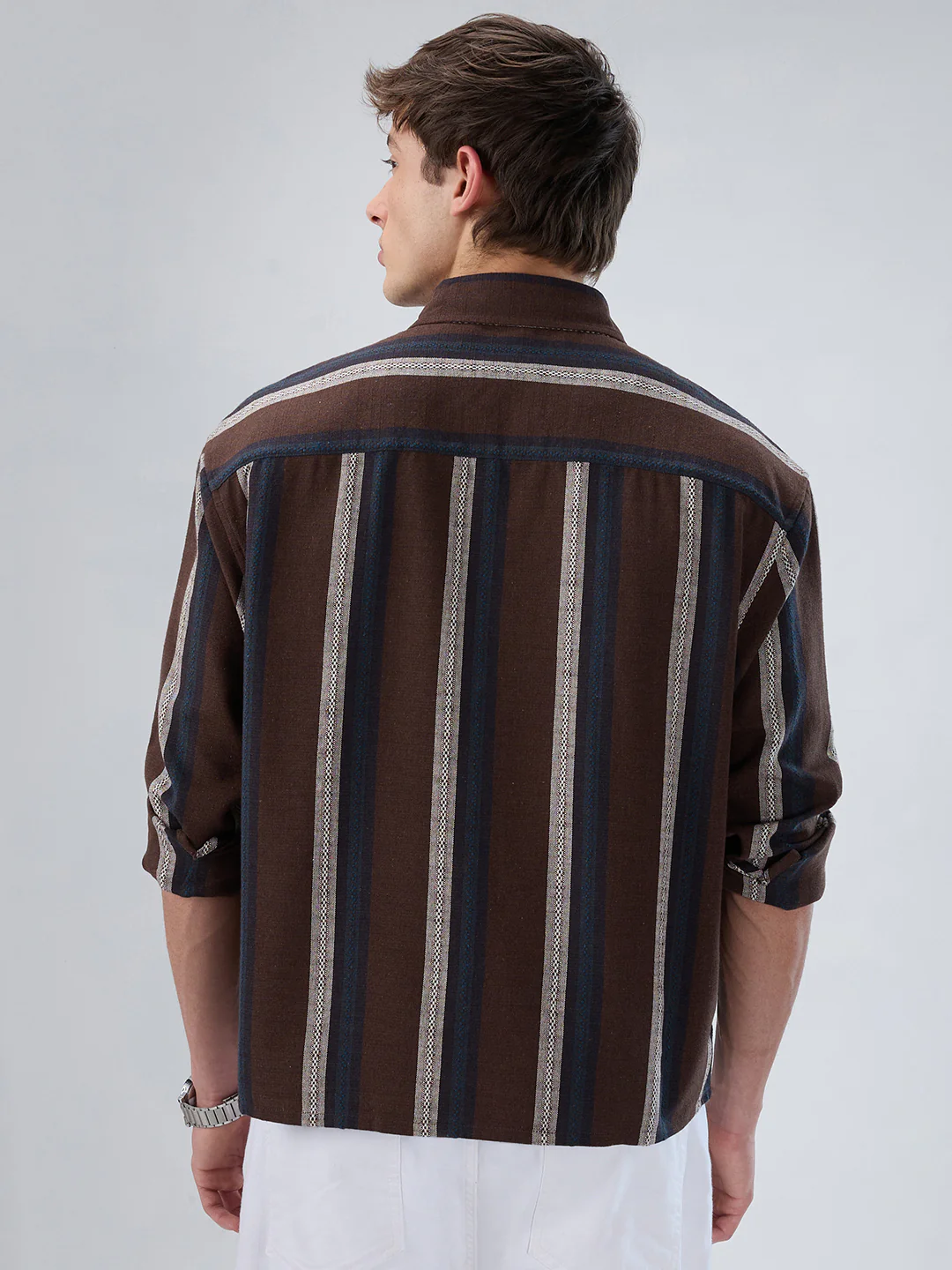 Refined Brown Multi-Tone Striped Boxy Fit Crop Shirt - Image 7