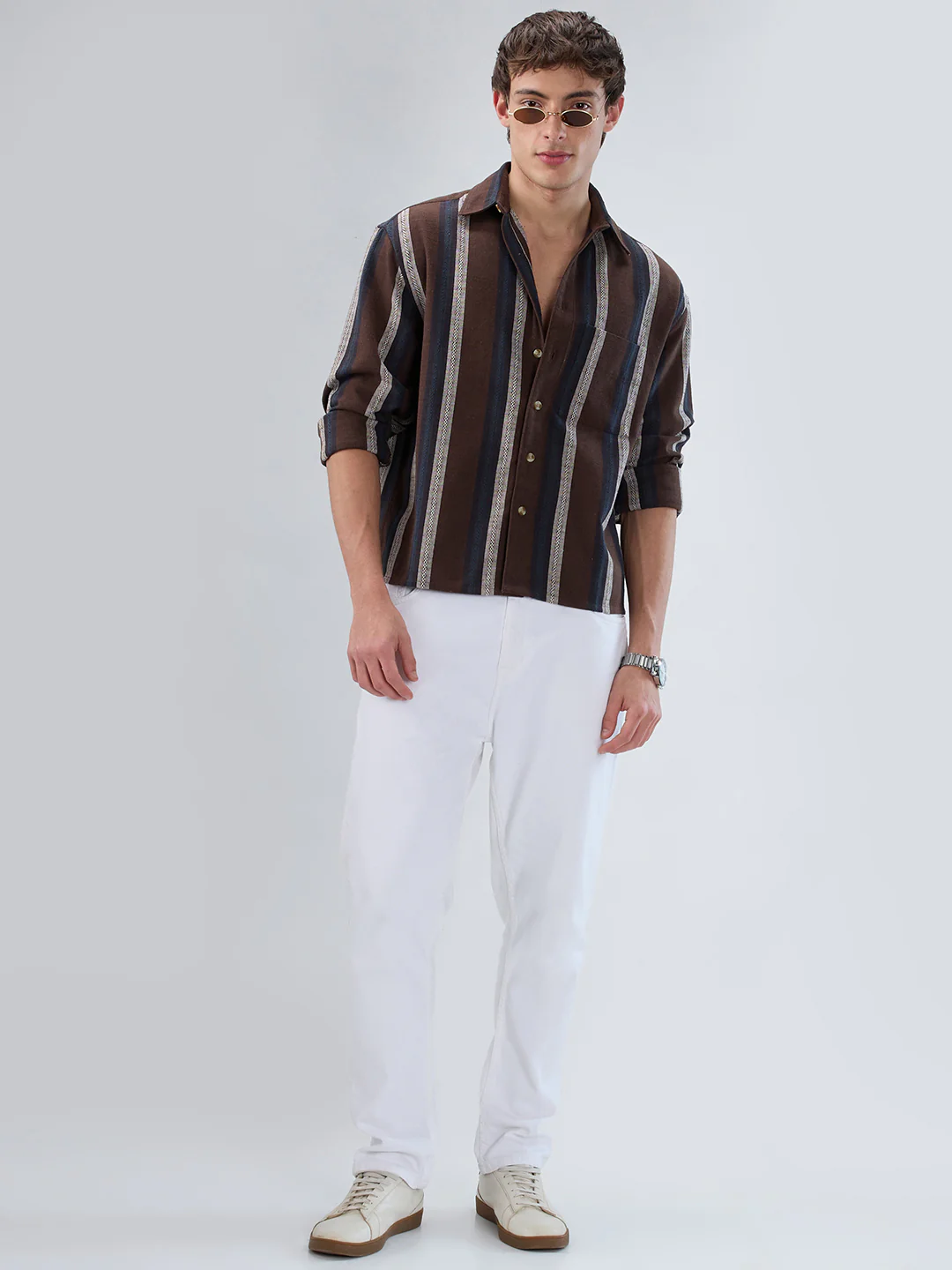 Refined Brown Multi-Tone Striped Boxy Fit Crop Shirt - Image 8