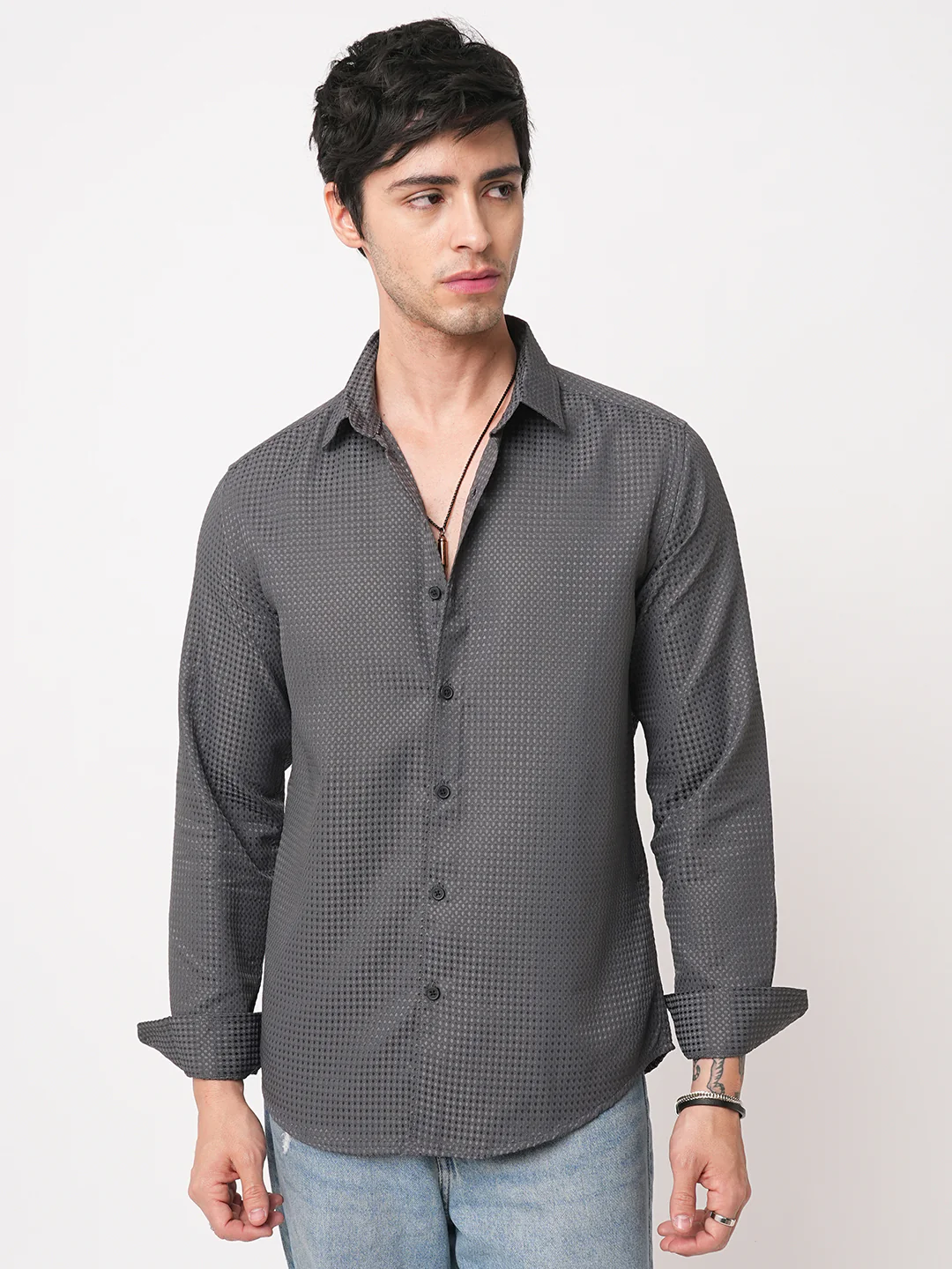 Refined Charcoal Grey Embossed Shirt - Image 4