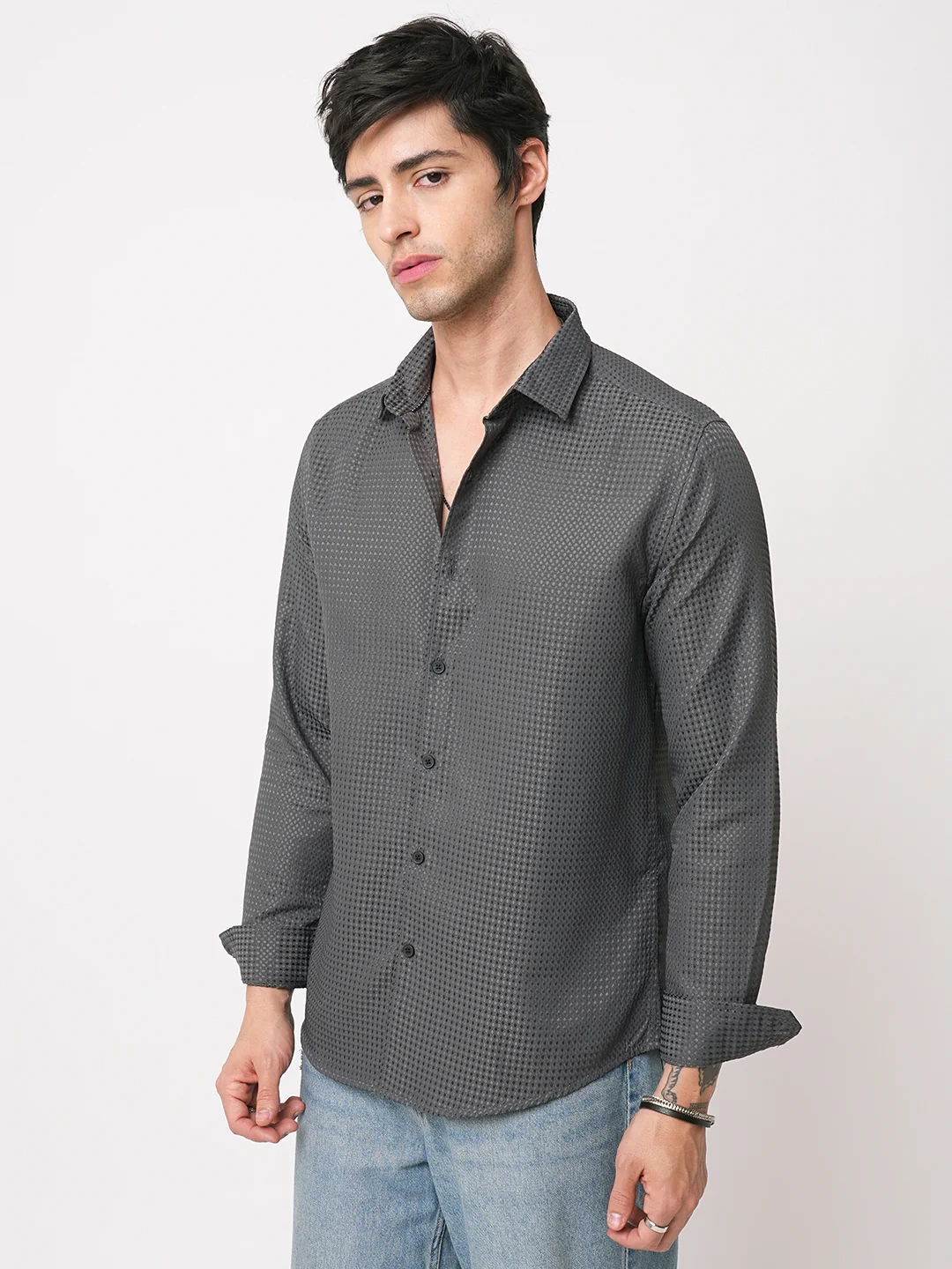 Refined Charcoal Grey Embossed Shirt - Image 5