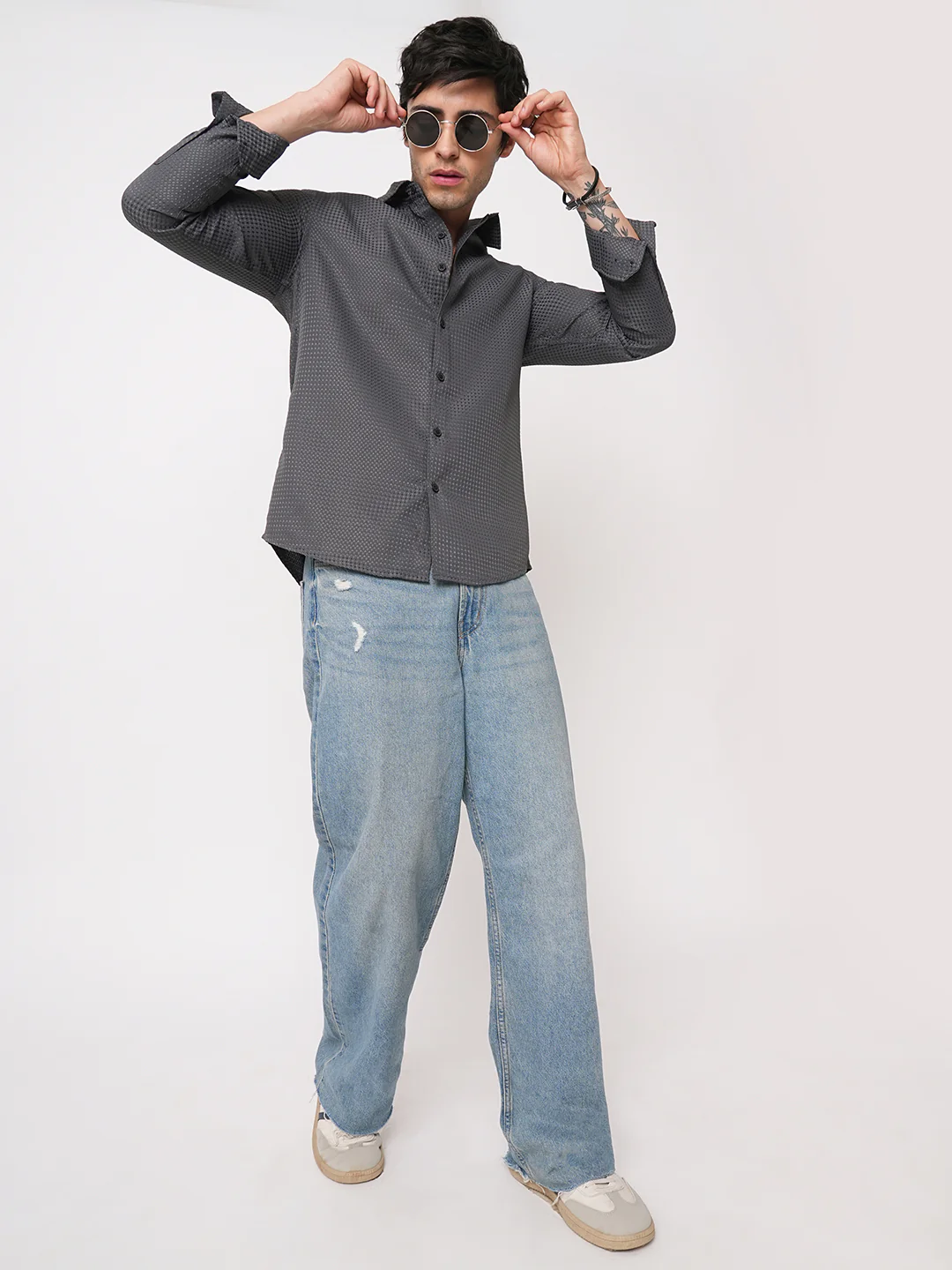 Refined Charcoal Grey Embossed Shirt - Image 7