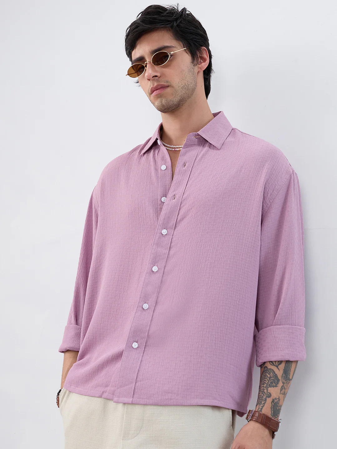 Refined Dusty Rose Pink Textured Boxy Fit Crop Shirt - Image 2