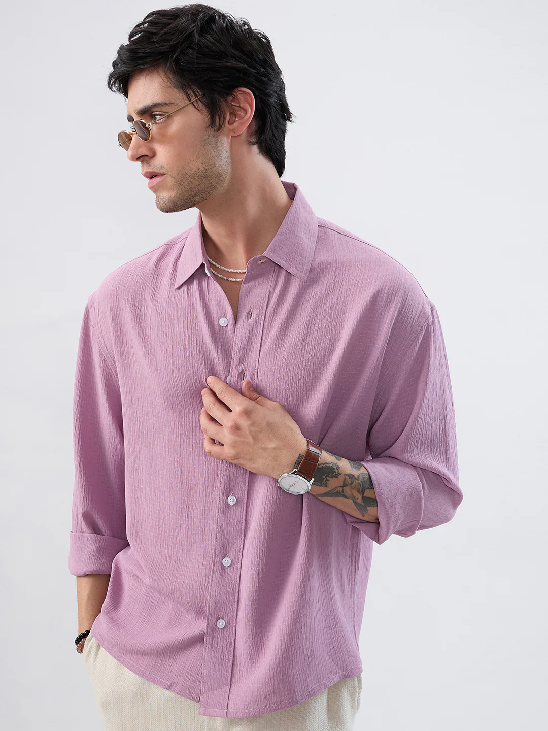 Refined Dusty Rose Pink Textured Boxy Fit Crop Shirt - Image 4