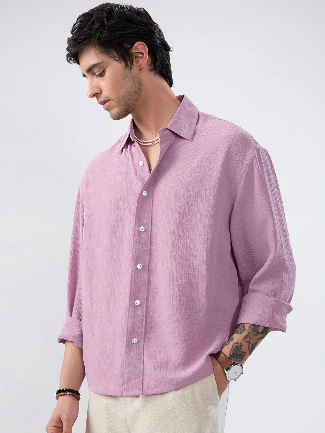 Refined Dusty Rose Pink Textured Boxy Fit Crop Shirt - Image 5