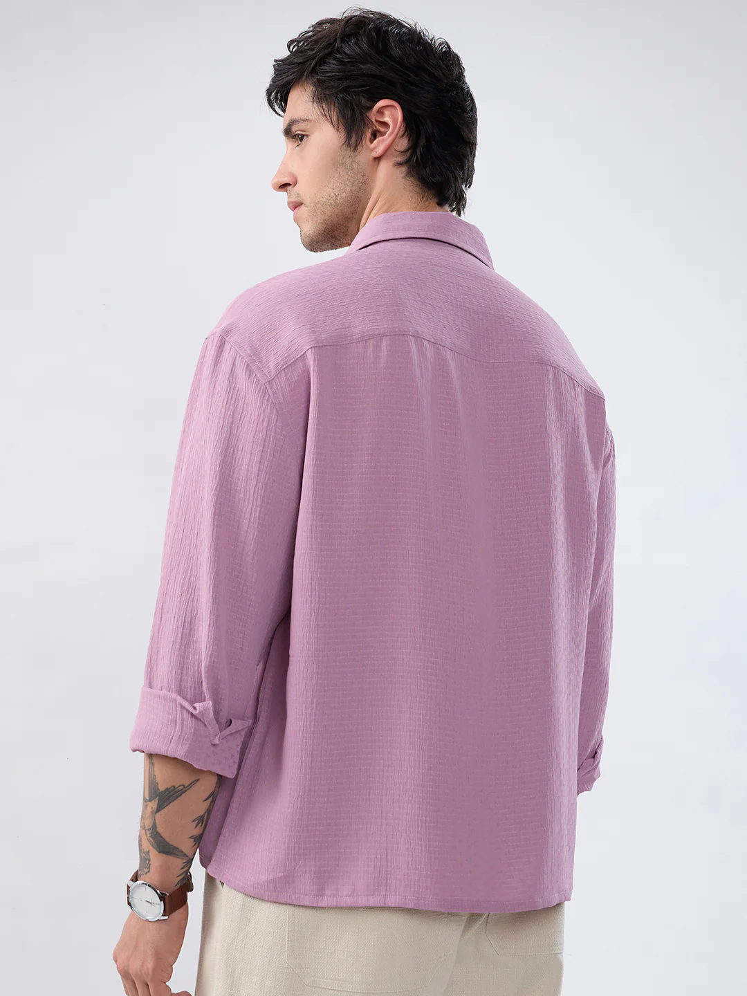 Refined Dusty Rose Pink Textured Boxy Fit Crop Shirt - Image 6