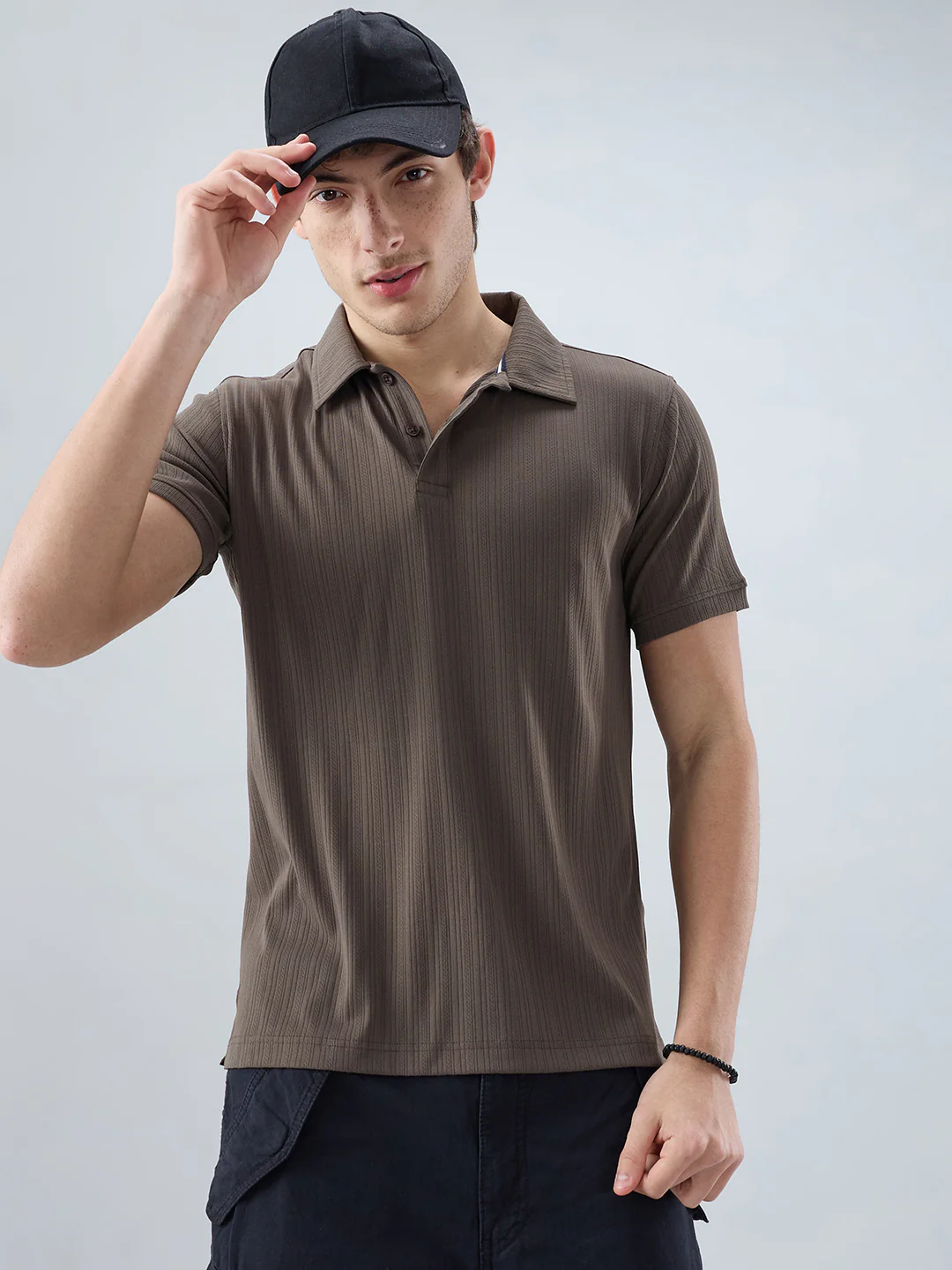 Refined Espresso Brown Hairline Striped Polo Knit T-Shirt - Image 2