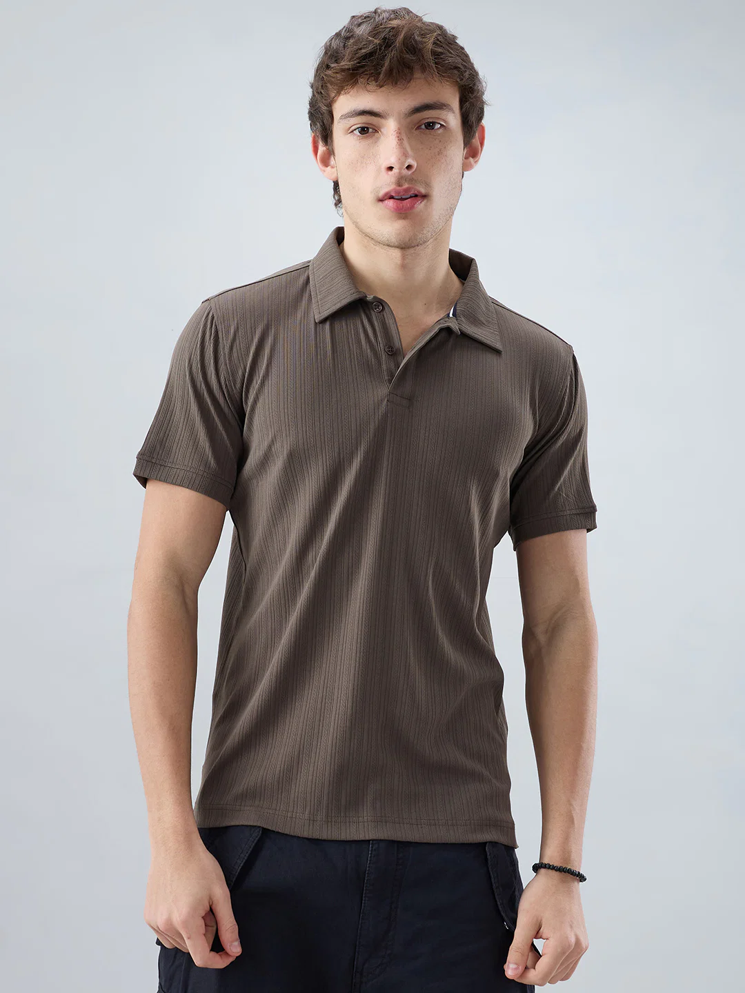 Refined Espresso Brown Hairline Striped Polo Knit T-Shirt - Image 5