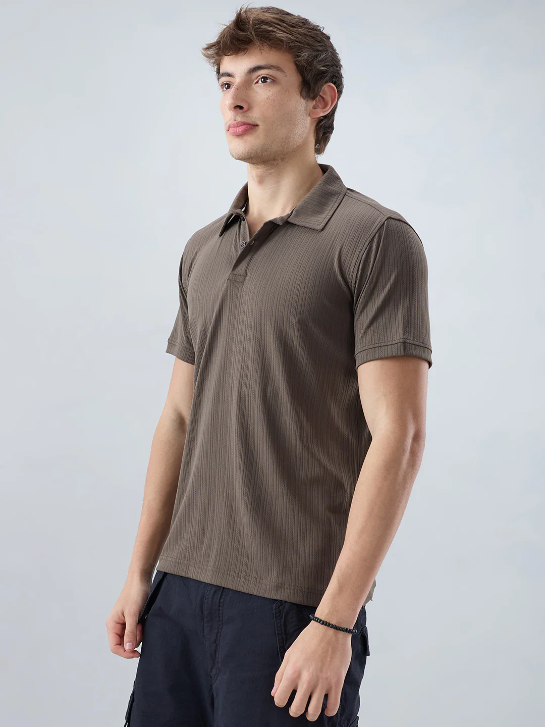 Refined Espresso Brown Hairline Striped Polo Knit T-Shirt - Image 6