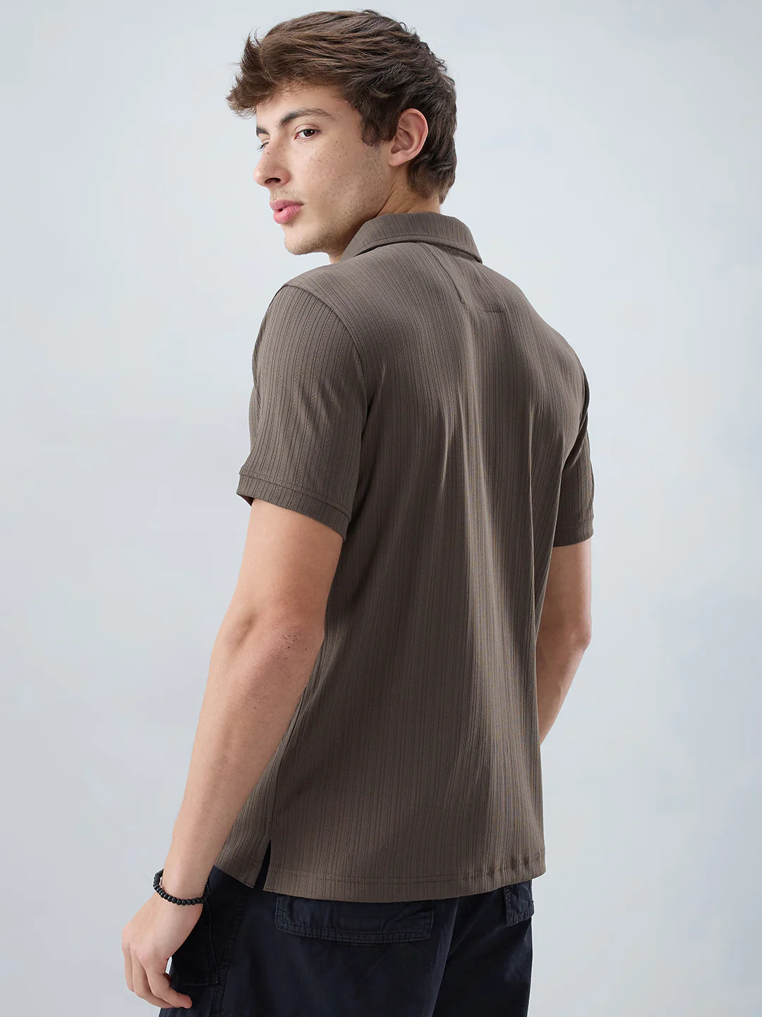 Refined Espresso Brown Hairline Striped Polo Knit T-Shirt - Image 7