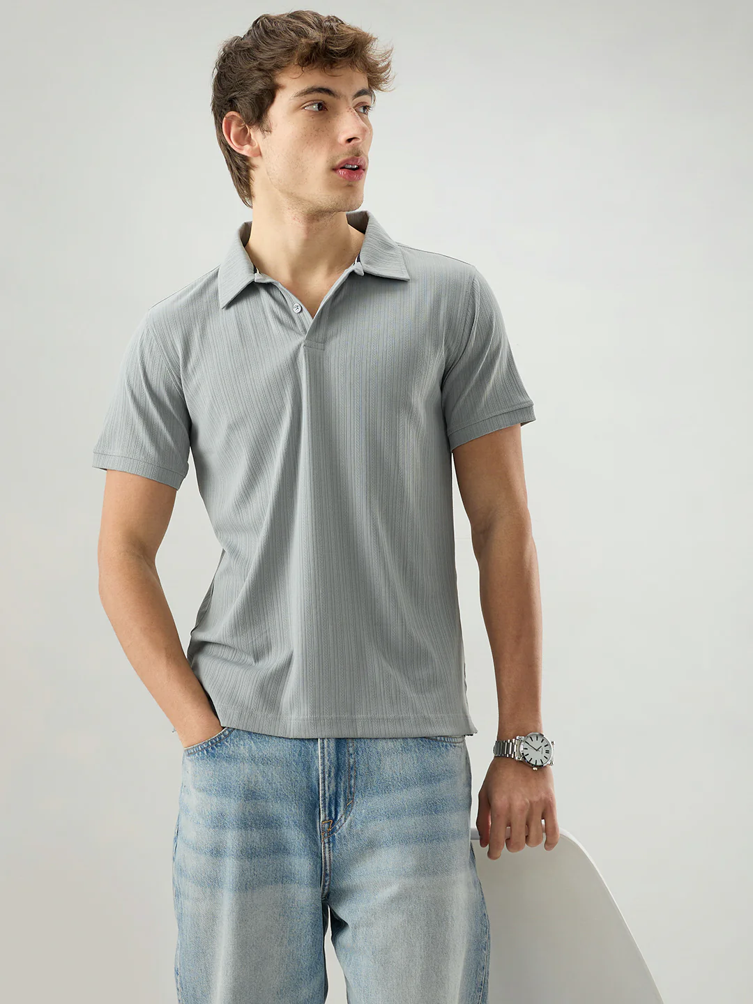 Refined Grey Hairline Striped Polo Knit T-Shirt