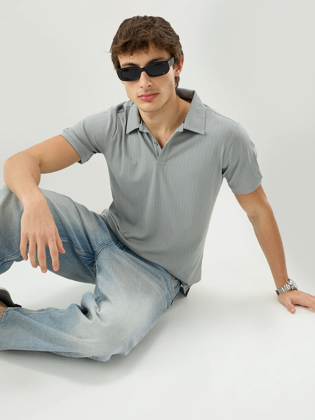 Refined Grey Hairline Striped Polo Knit T-Shirt - Image 2
