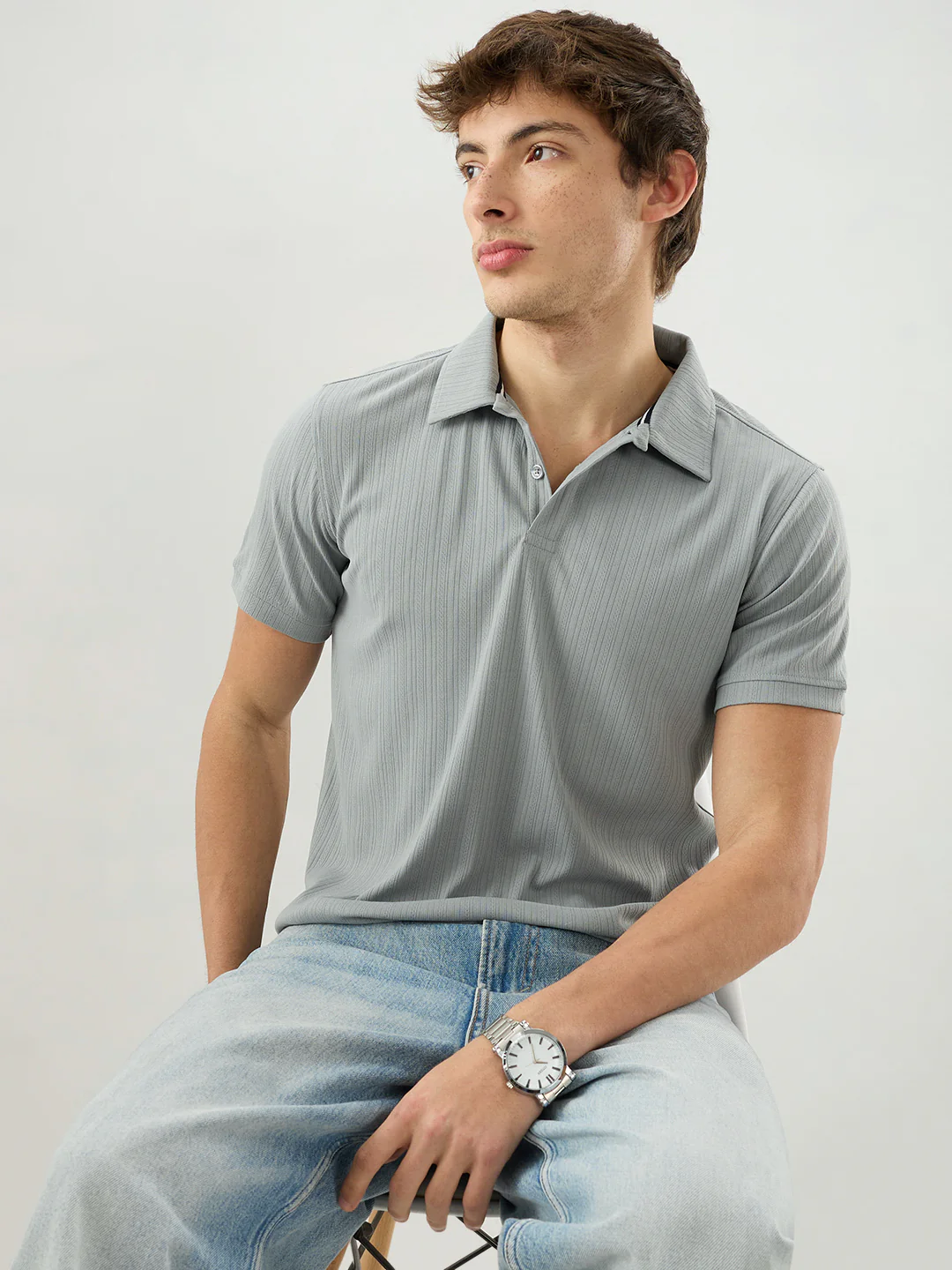 Refined Grey Hairline Striped Polo Knit T-Shirt - Image 4