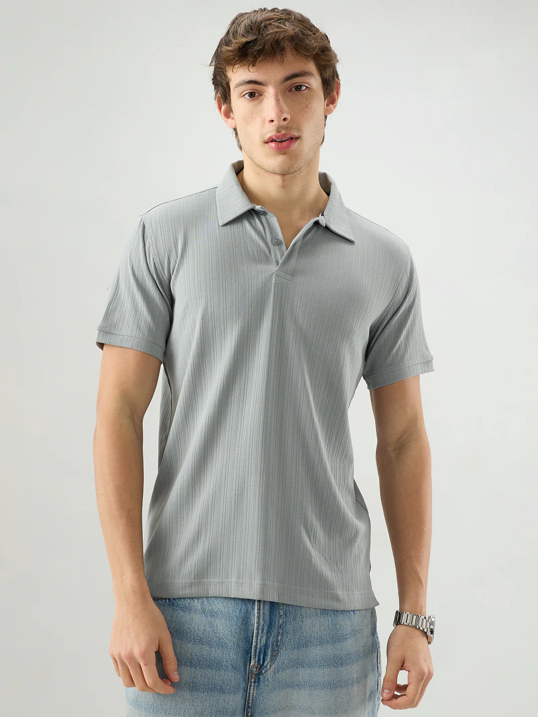 Refined Grey Hairline Striped Polo Knit T-Shirt - Image 5