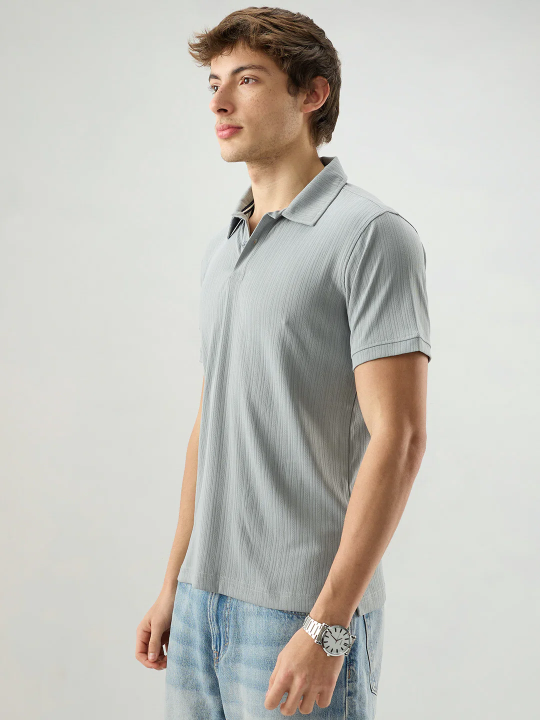 Refined Grey Hairline Striped Polo Knit T-Shirt - Image 6