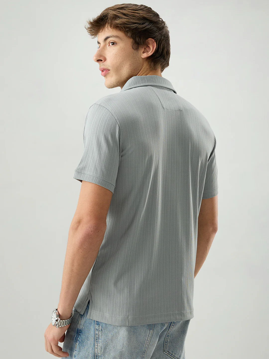 Refined Grey Hairline Striped Polo Knit T-Shirt - Image 7