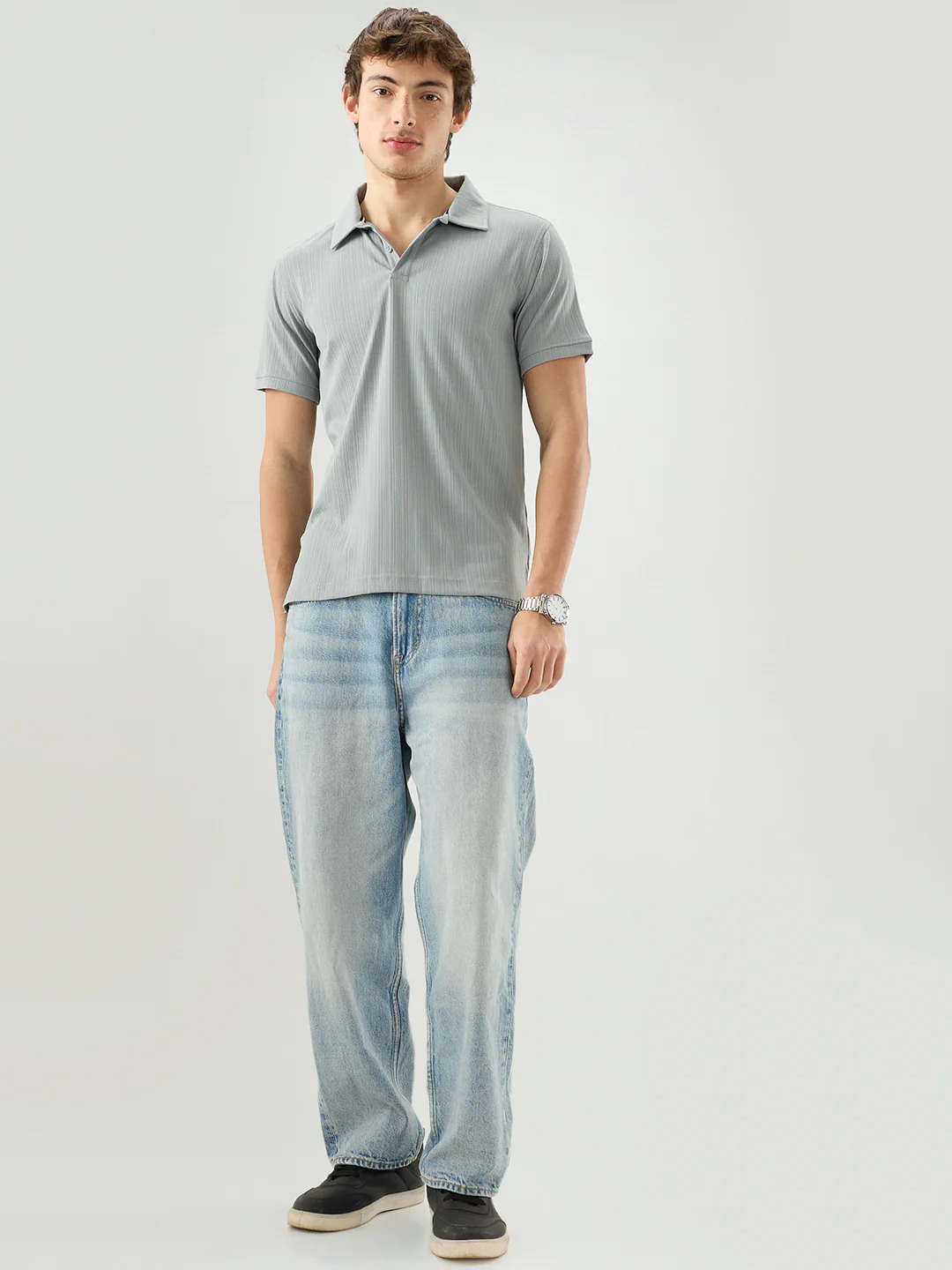 Refined Grey Hairline Striped Polo Knit T-Shirt - Image 8