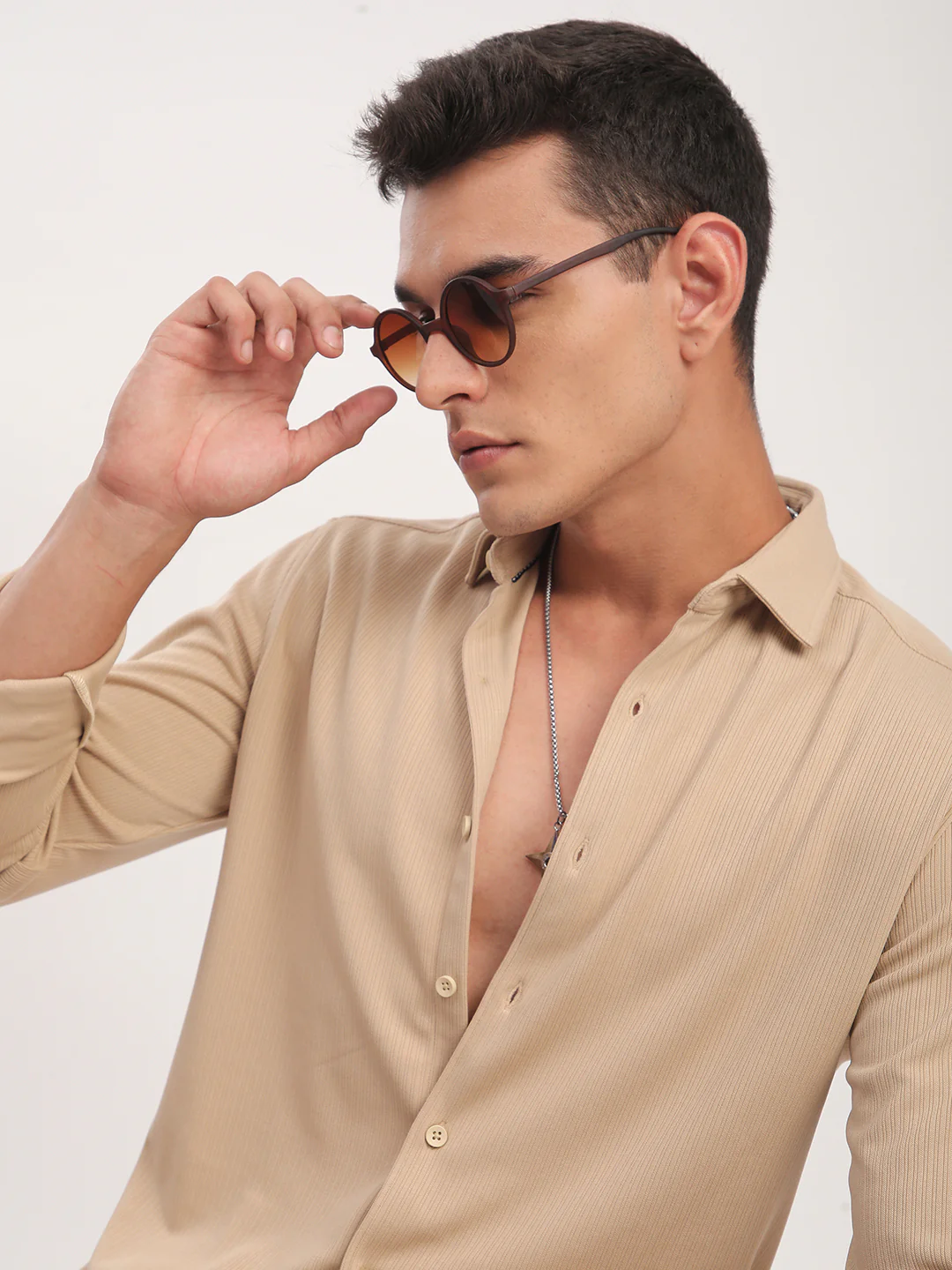 Refined Hairline Stripes Beige Knitted Shirt - Image 2