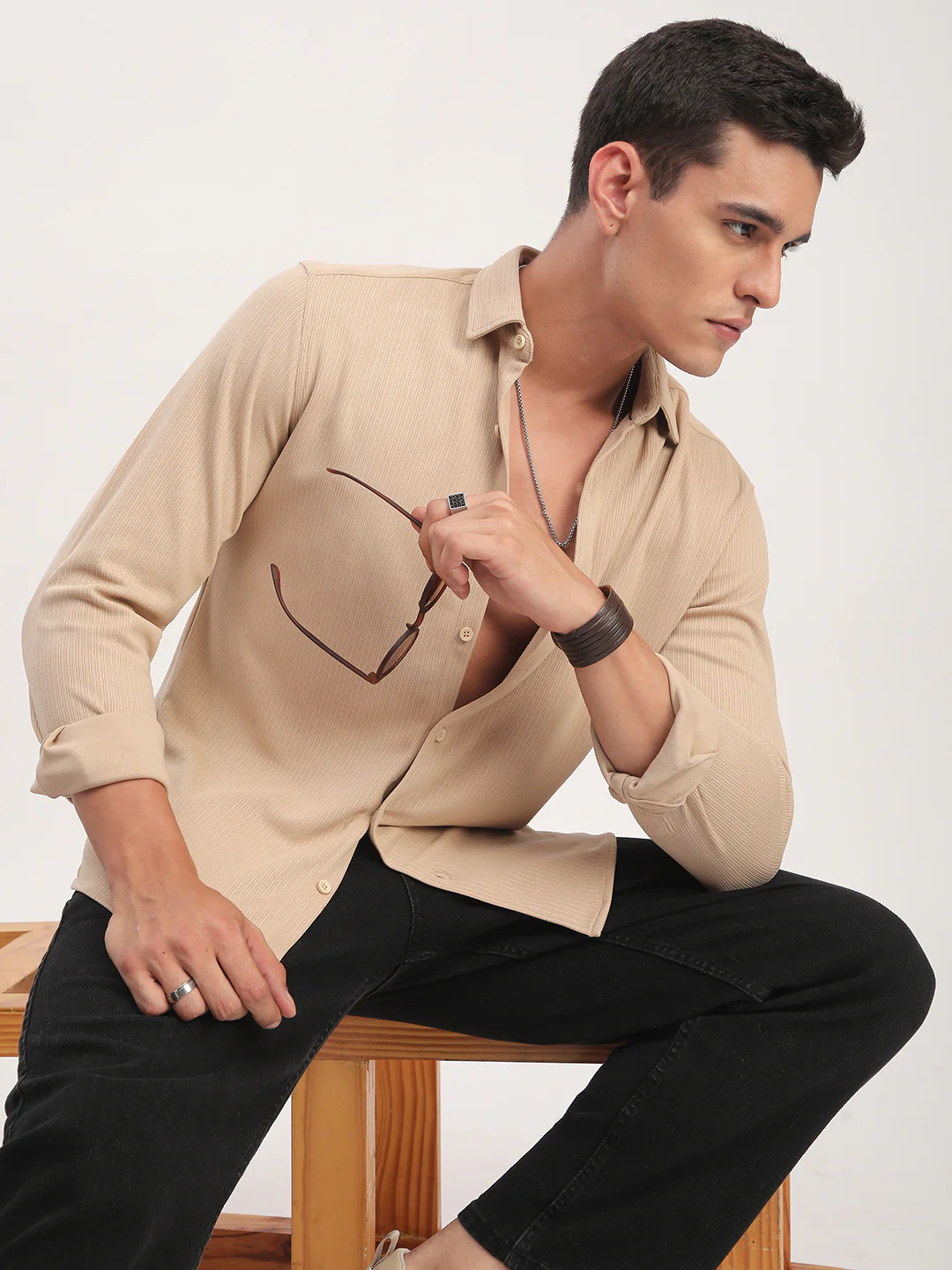 Refined Hairline Stripes Beige Knitted Shirt - Image 4