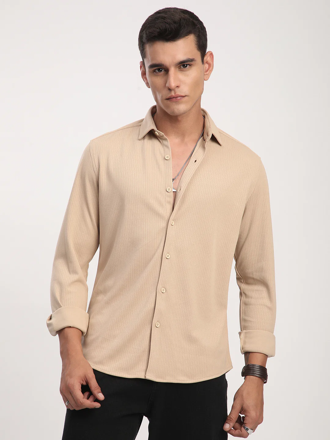 Refined Hairline Stripes Beige Knitted Shirt - Image 5