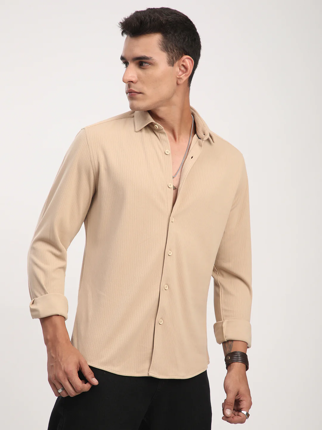 Refined Hairline Stripes Beige Knitted Shirt - Image 6