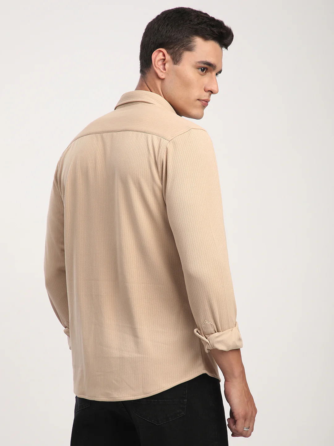 Refined Hairline Stripes Beige Knitted Shirt - Image 7