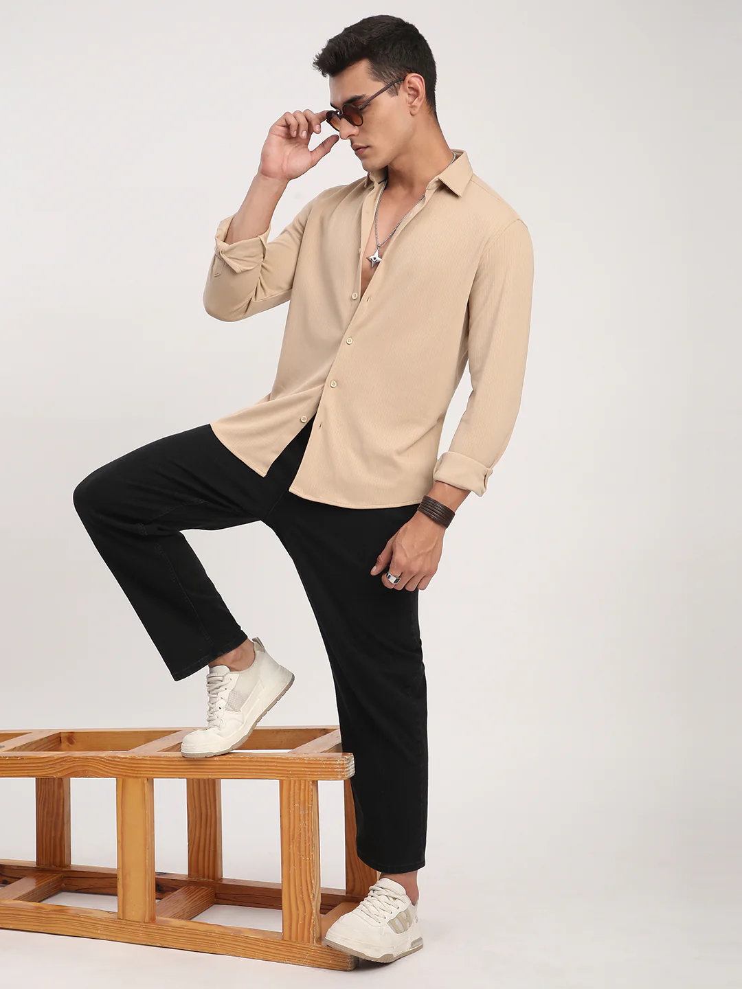 Refined Hairline Stripes Beige Knitted Shirt - Image 8