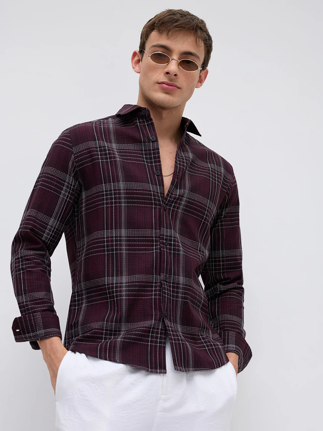 Refined Maroon & White Contrast Checks Shirt - Image 5