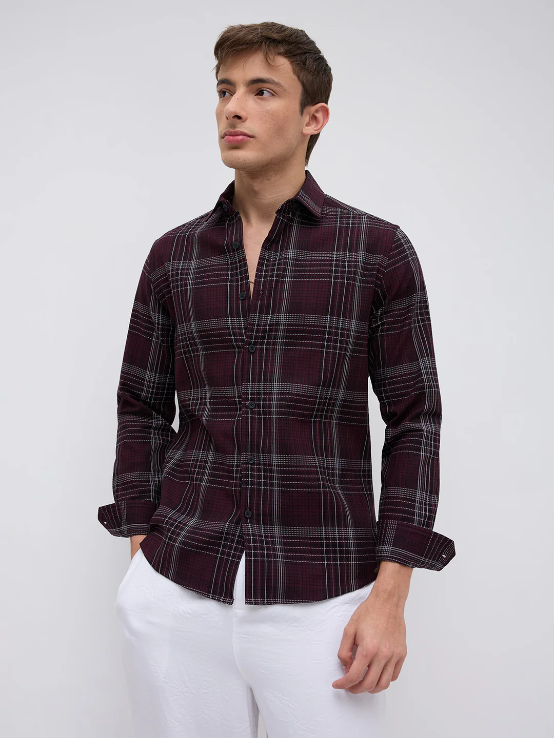 Refined Maroon & White Contrast Checks Shirt - Image 6