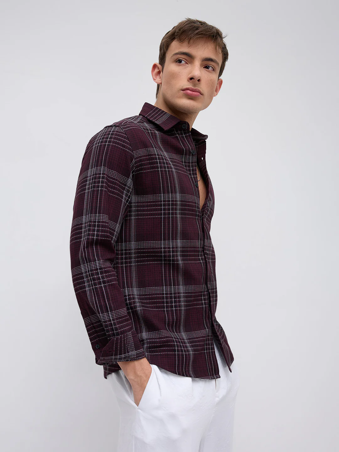 Refined Maroon & White Contrast Checks Shirt - Image 7
