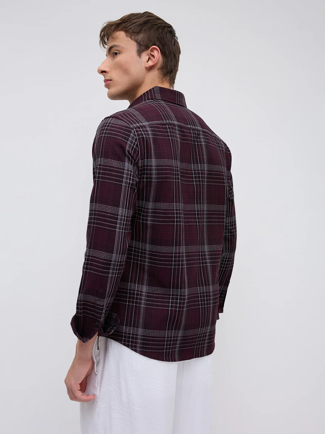 Refined Maroon & White Contrast Checks Shirt - Image 8