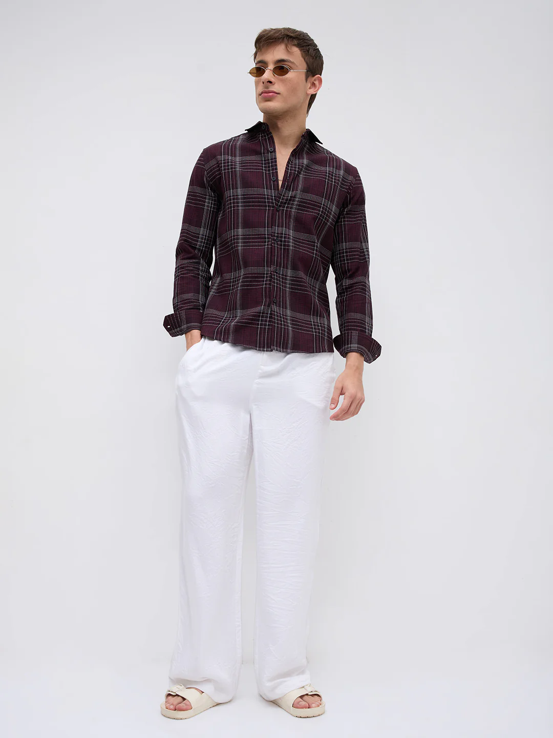 Refined Maroon & White Contrast Checks Shirt - Image 9