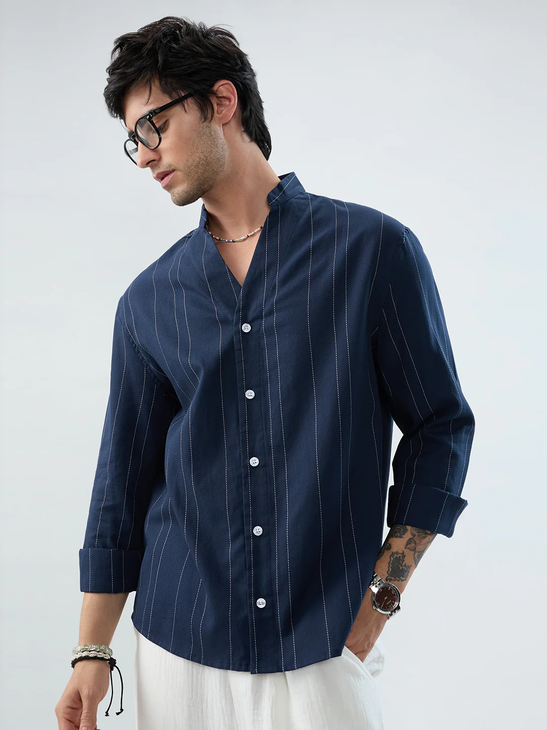 Refined Navy Pinstripe Stand-Collar Oversized Shirt - Image 2
