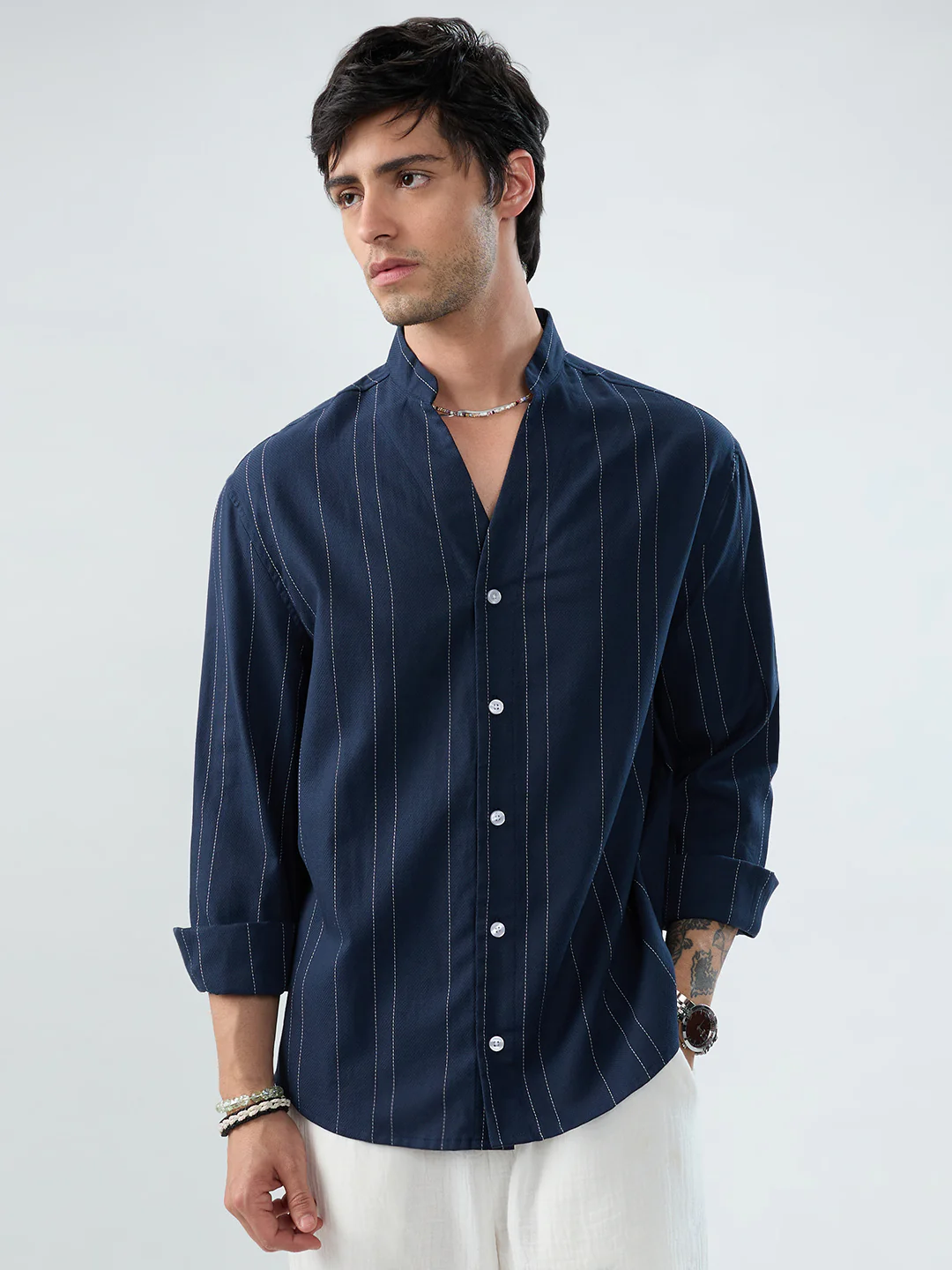Refined Navy Pinstripe Stand-Collar Oversized Shirt - Image 4